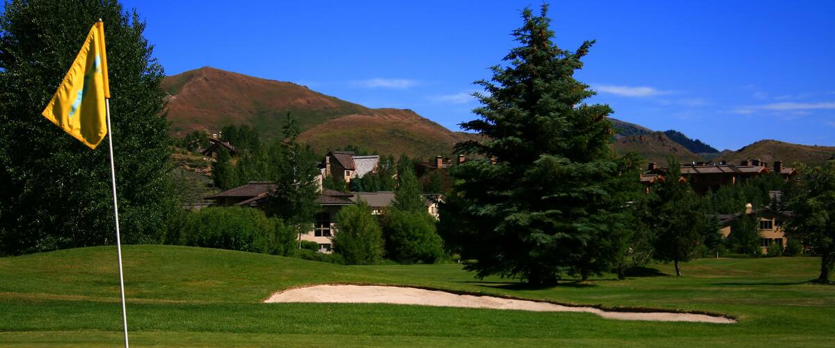 A golf course with a flag, sand bunkers, and houses in the background.