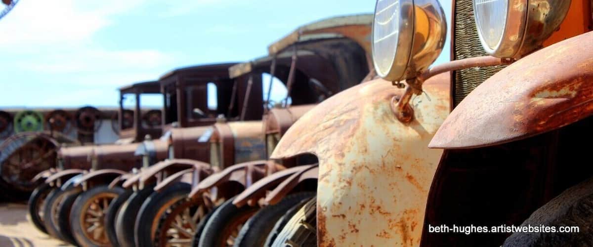 A row of rusted vintage car wheels and headlights.