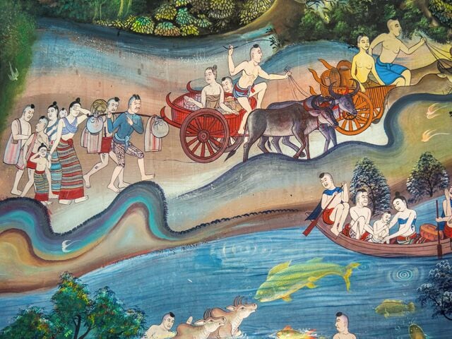 A mural with a river, people in boats, and a bullock cart.