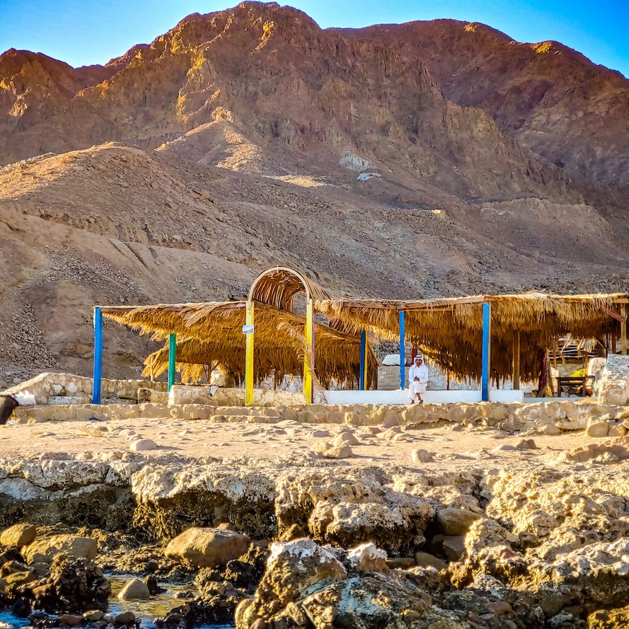 Sea, mountain, rocks, hut. Loved this scene near Dahab, Egypt