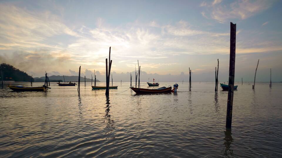 View of a beautiful morning in a fishing village in Kuantan, Pahang, Malaysia.