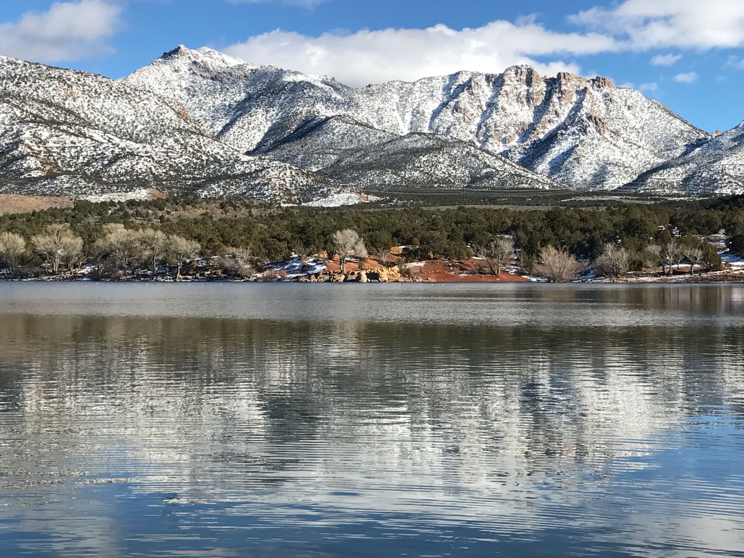 A lake with snow-covered mountains in the background and a forested area with buildings along the shore.
