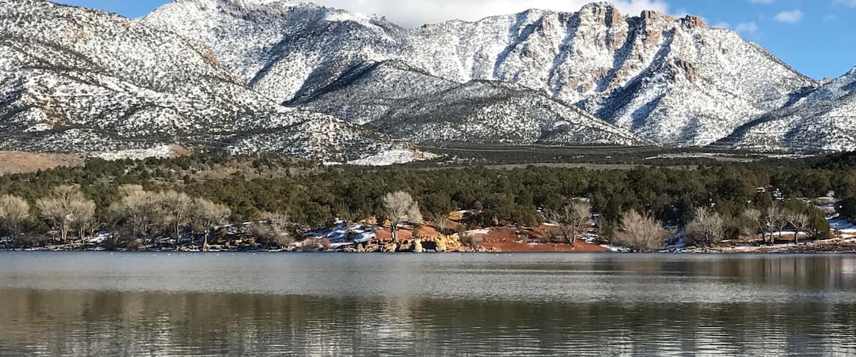 A lake with snow-covered mountains in the background and a forested area with buildings along the shore.