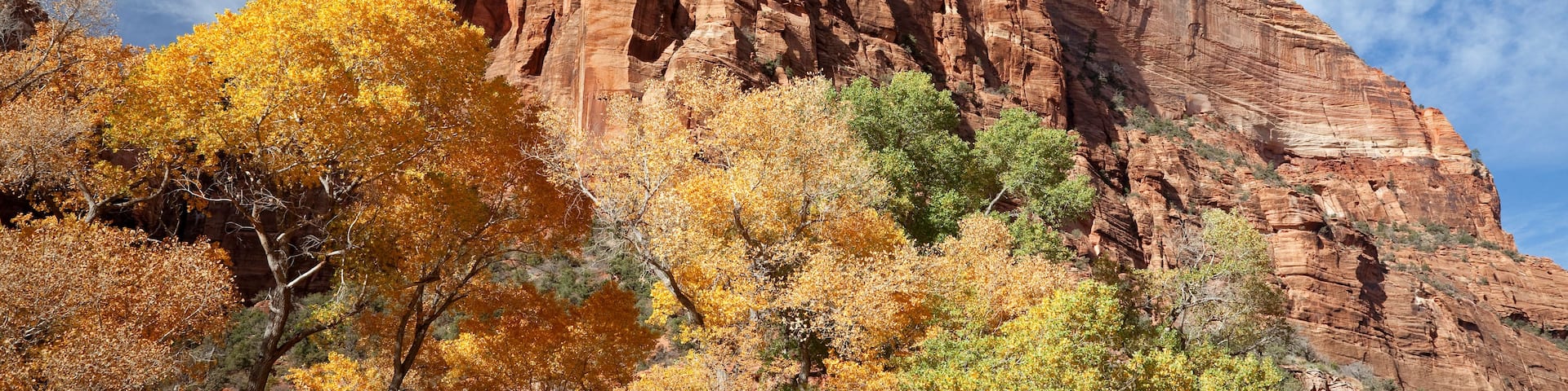 A large red rock formation with autumn foliage in the foreground.