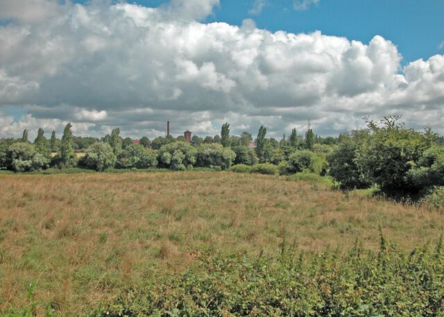 Rough pasture Land north of the canal towpath sloping gently to a drainage ditch below the hedge. In the distance the chimney and old buildings of the former County Asylum.
