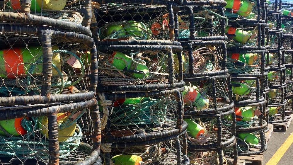 A series of stacked lobster traps along a road.
