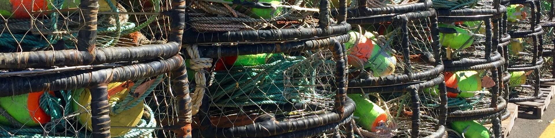 A series of stacked lobster traps along a road.