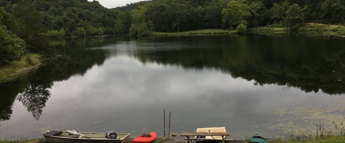 A calm lake surrounded by dense forest, with boats and a picnic table on the shore.
