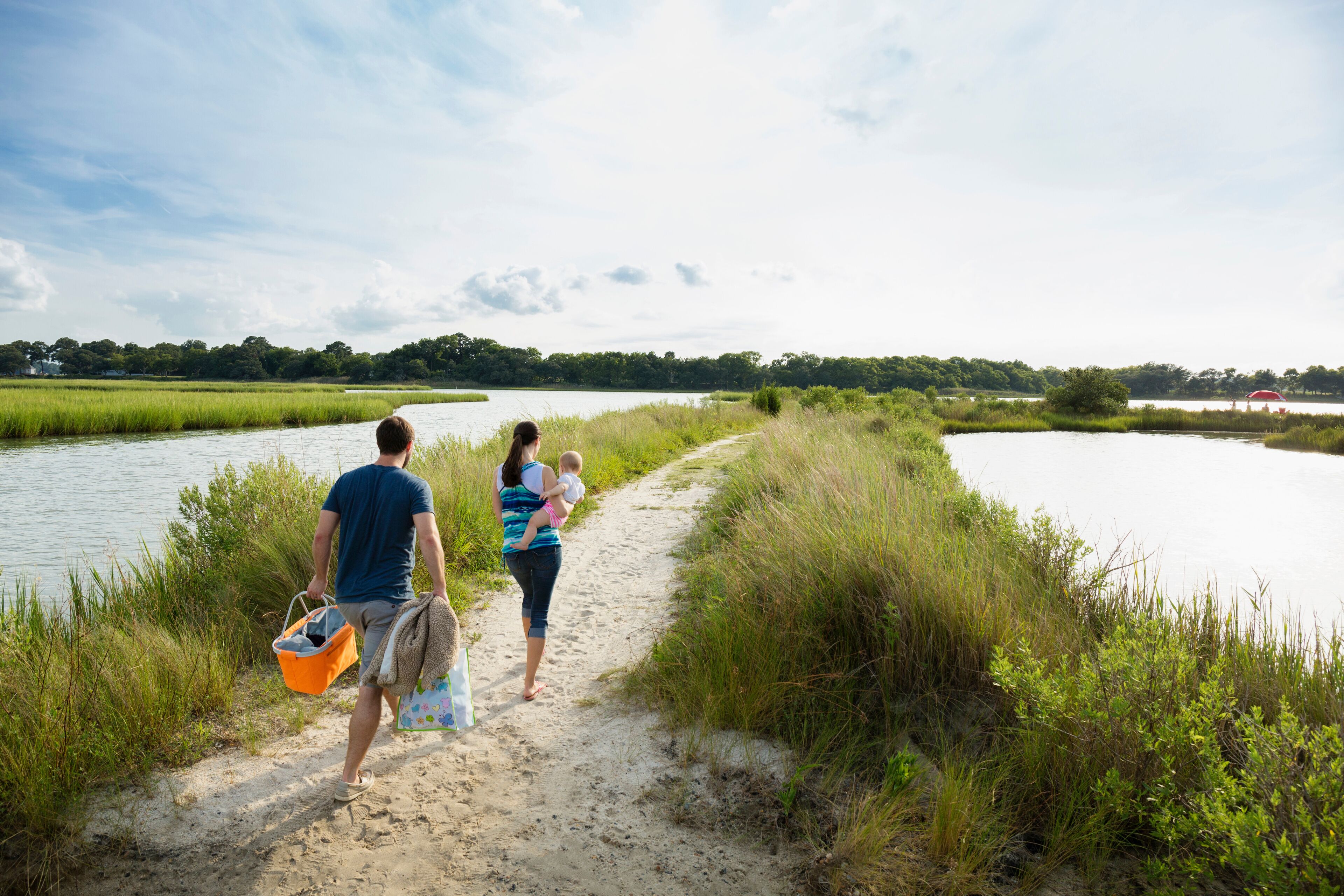 A sandy path beside a calm body of water, surrounded by tall grass and trees.
