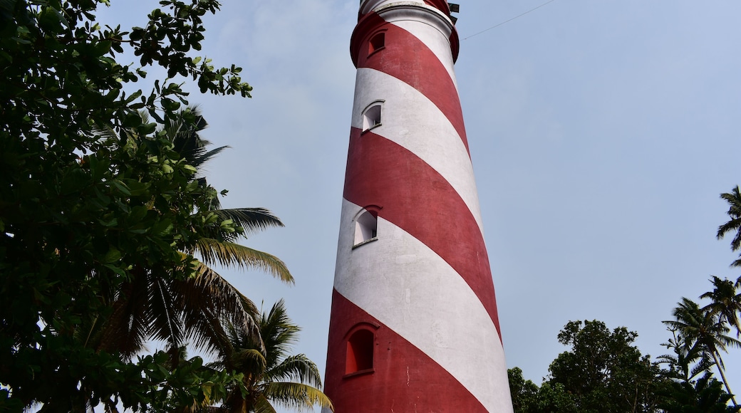 Un faro alto con franjas rojas y blancas, rodeado de exuberante follaje verde.