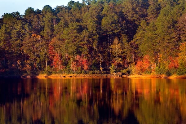 Autumn colors reflect in the water at Lake Nicol in Tuscaloosa Alabama