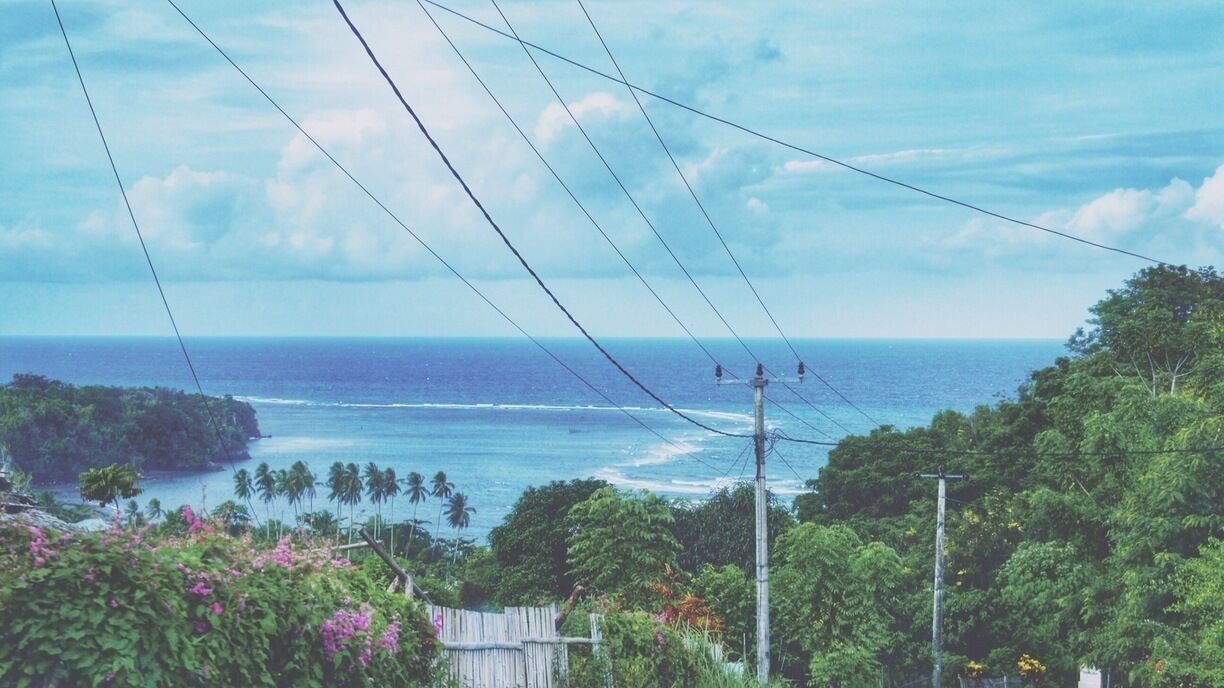 A coastal landscape with a view of the ocean, power lines, and lush greenery.
