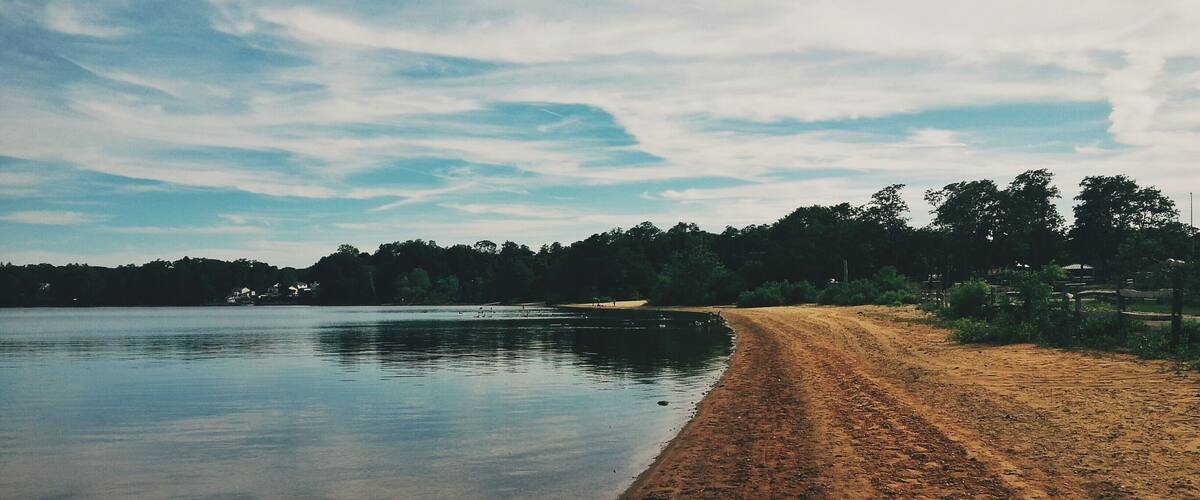 A sandy beach with calm water, a dirt path, and trees in the background.