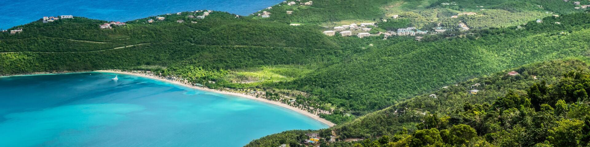 Panoramic landscape view of Magens Bay Beach, St Thomas, Caribbean.
