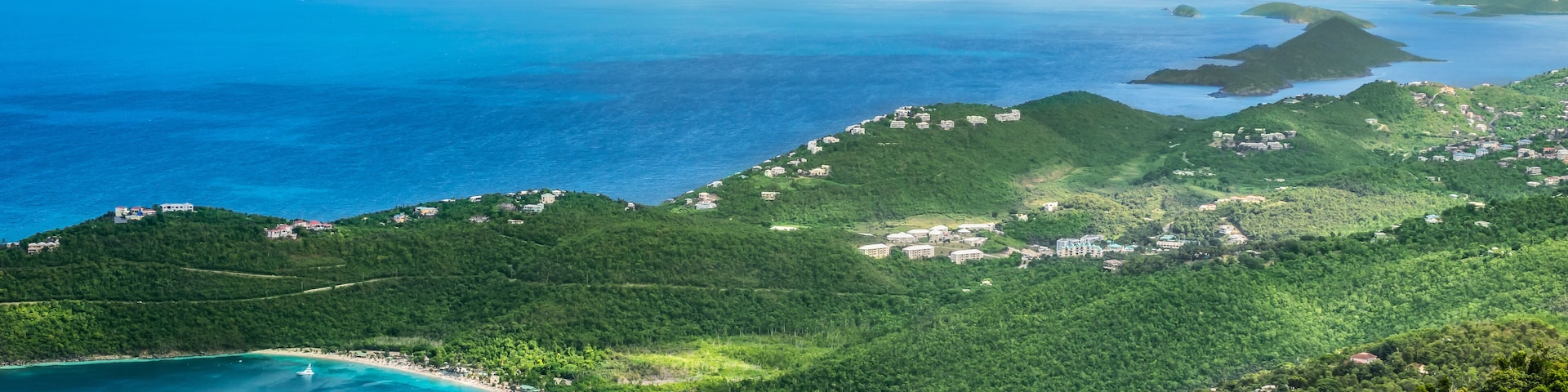 Panoramic landscape view of Magens Bay Beach, St Thomas, Caribbean.