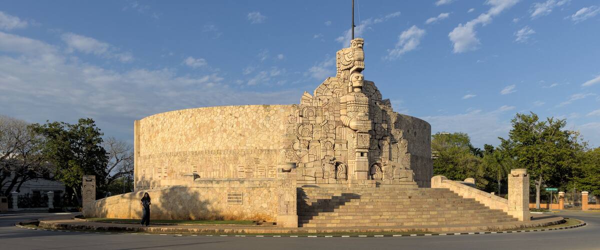 monument to the fatherland (patria statue) on paseo de montejo avenue in merida yucatan, mexico (famous landmark dedicate to mexican history) maya mayan iconography icon symbol symbolic representation