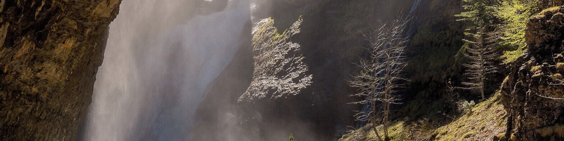 Una cascada se precipita por un acantilado rocoso, rodeada de árboles y un río que fluye en la base.