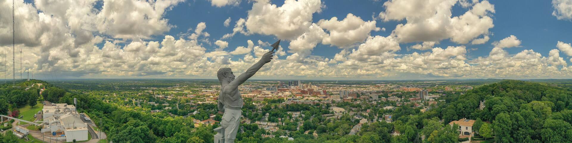 Aerial View of Vulcan Statue overlooking downtown Birmingham, AL