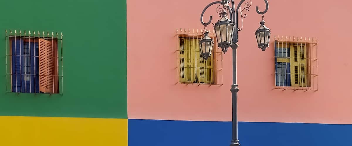 Colorful Caminito Street in La Boca neighborhood of Buenos Aires, Argentina. Street lamp and windows