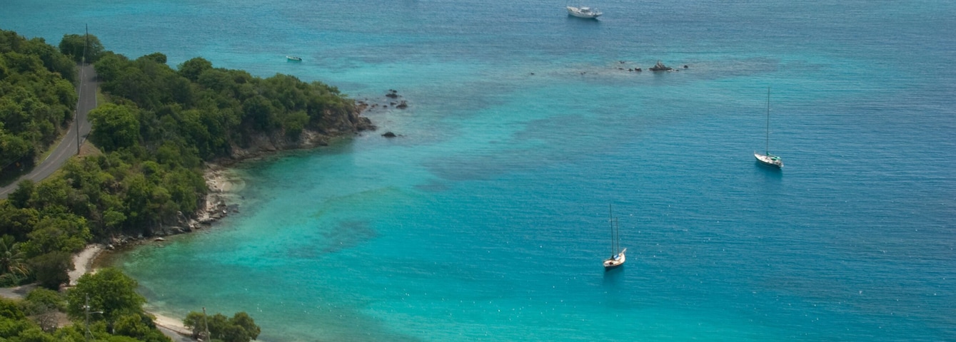 View of Round Bay on the east end of St John, United States Virgin Island. With Limetree cove, Hangman bay and Long point. Leduck Island and Rams Head in the background.