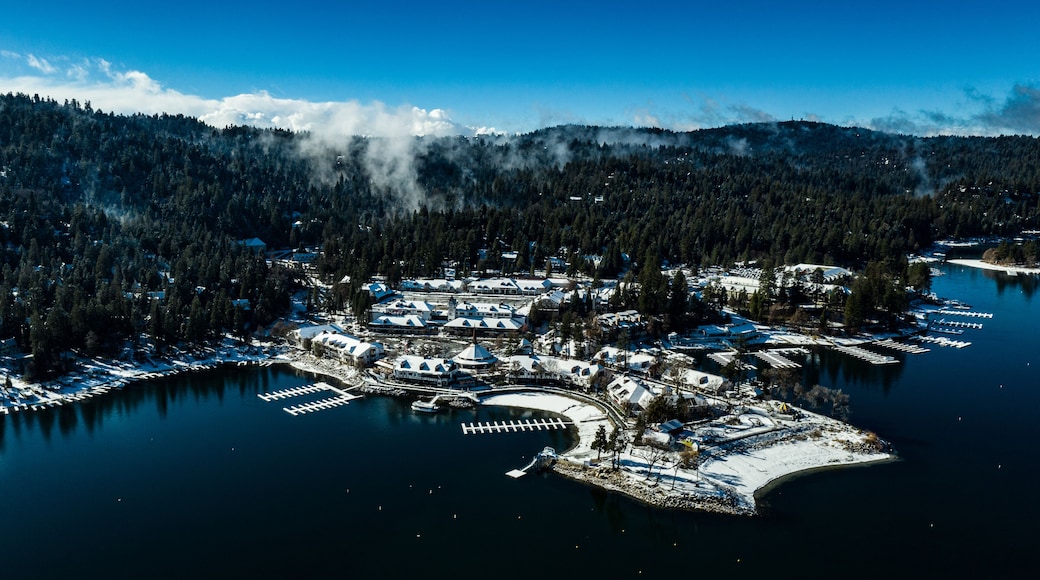Aerial, drone view of Lake Arrowhead, California on a winter's day after a snow storm