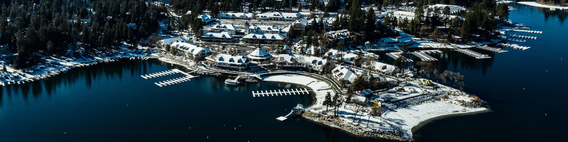 Aerial, drone view of Lake Arrowhead, California on a winter's day after a snow storm