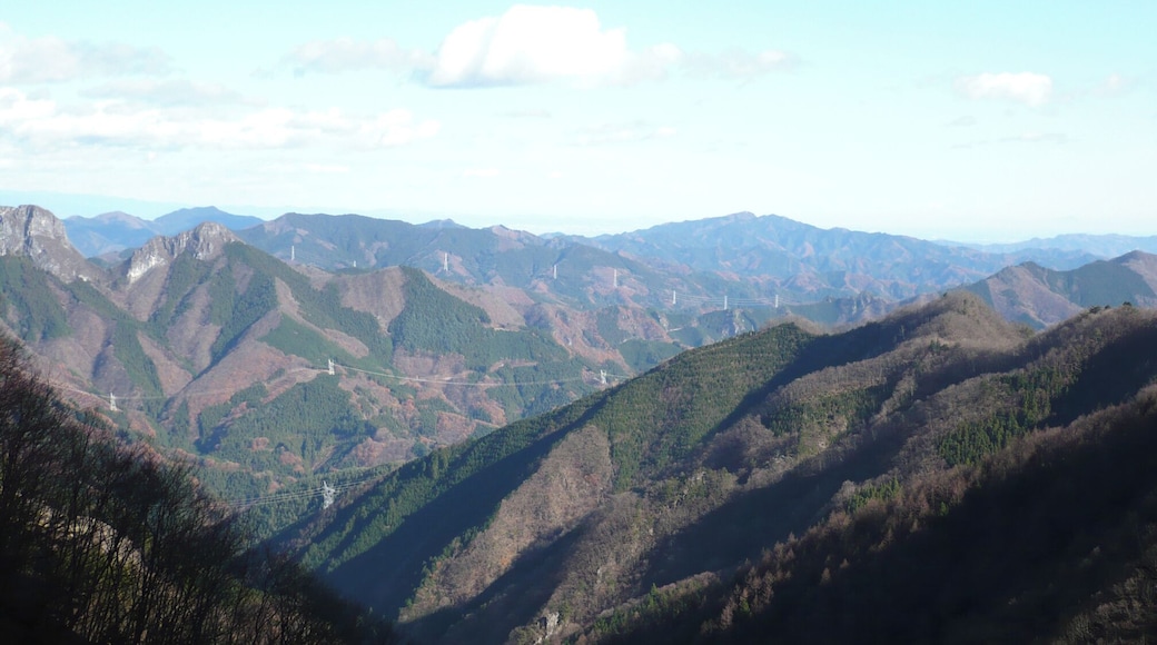 金山志賀坂林道の八丁隧道を北に抜けた付近の風景。二子山 (左で切れている山)。