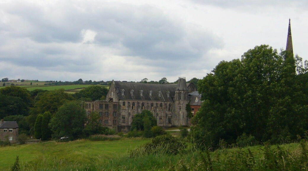 Part of the former St Wilfrid's College, Cotton, a Roman Catholic former boarding school in Staffordshire. On the right is the spire of St Wilfrid's chapel.