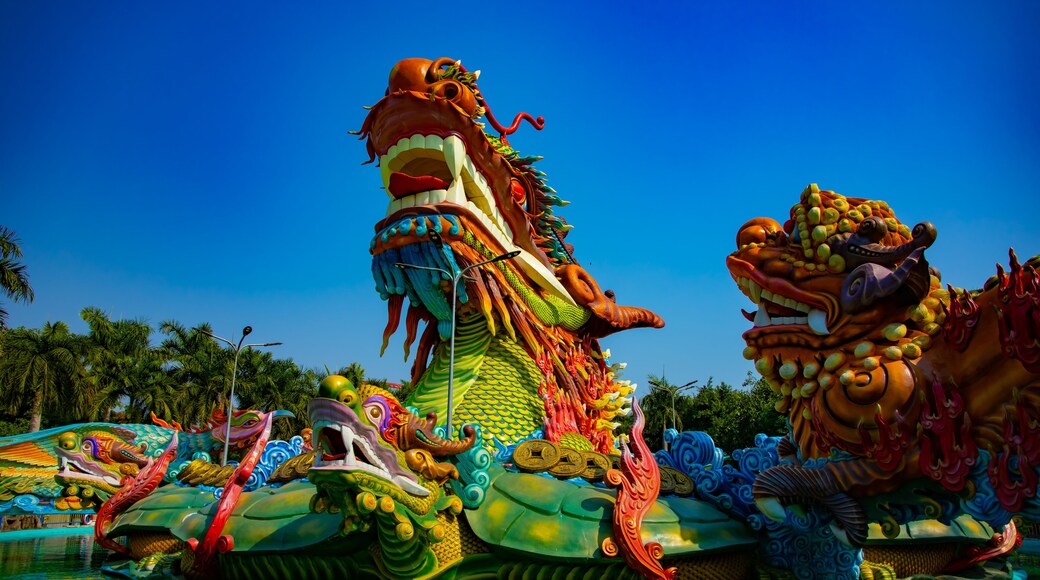 A big statue dragon at Suoi Tien park in Ho Chi Minh Vietnam wide shot