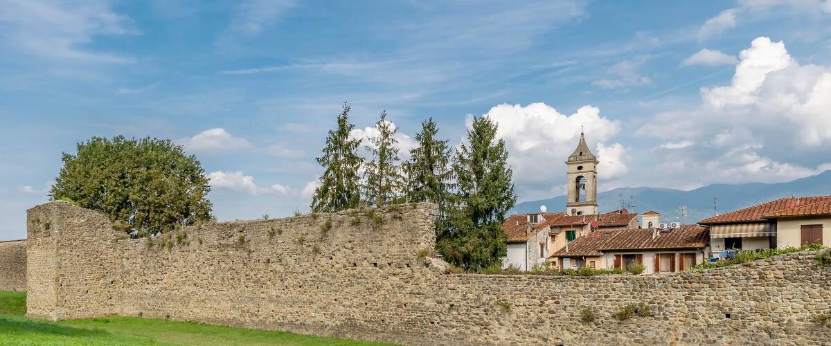 A stone wall with a tower, trees, and houses in the background.