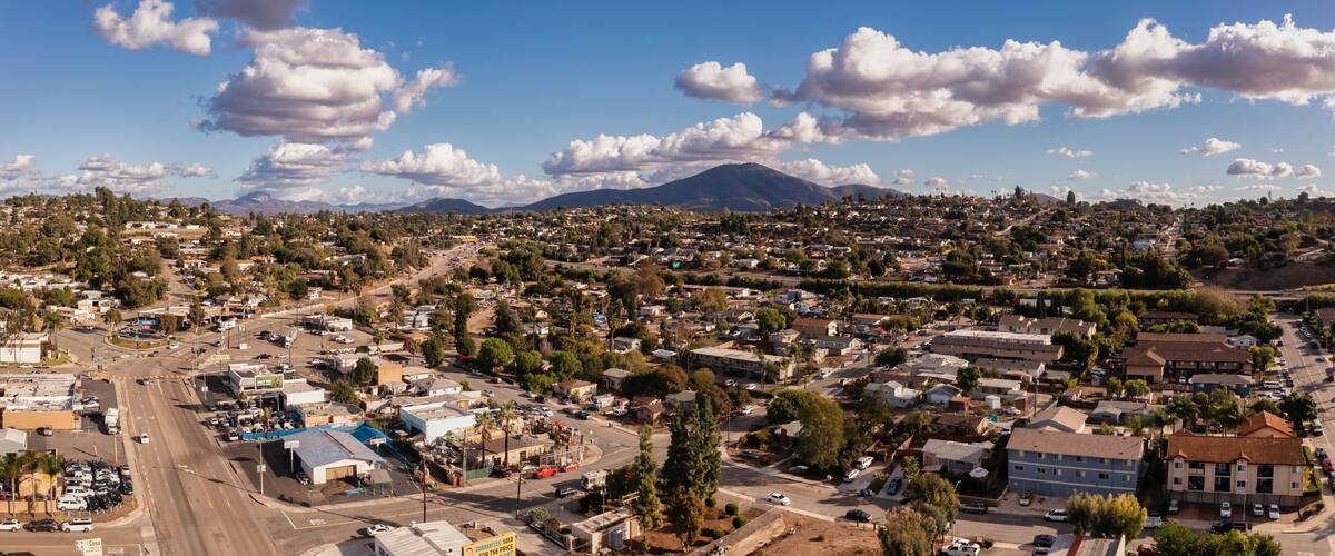 Aerial Panorama of Casa de Oro in San Diego County, Southern California. Drone shot of town.