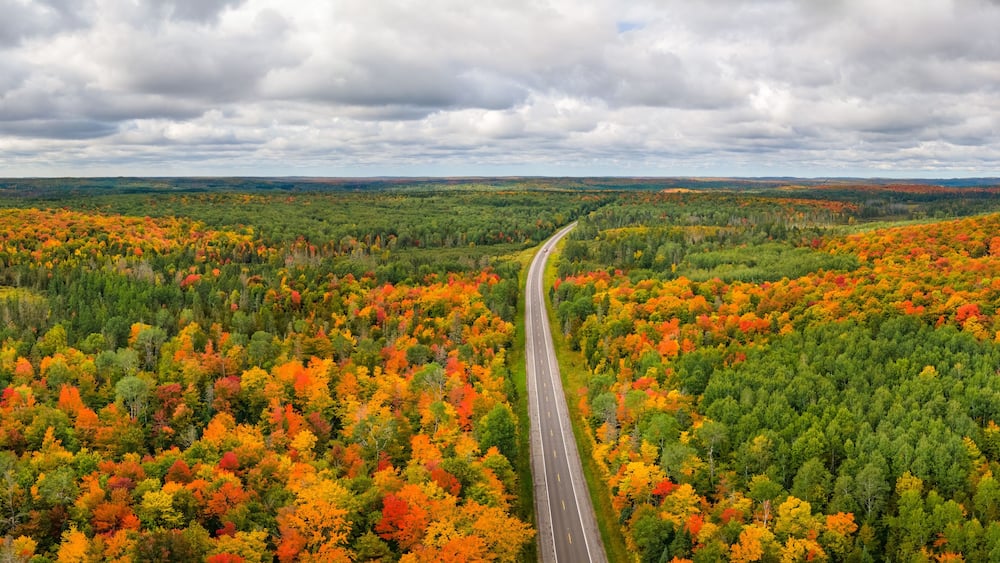 Beautiful autumn colors in the Michigan Upper Peninsula near Ironwood - scenic drive on US Highway 2,