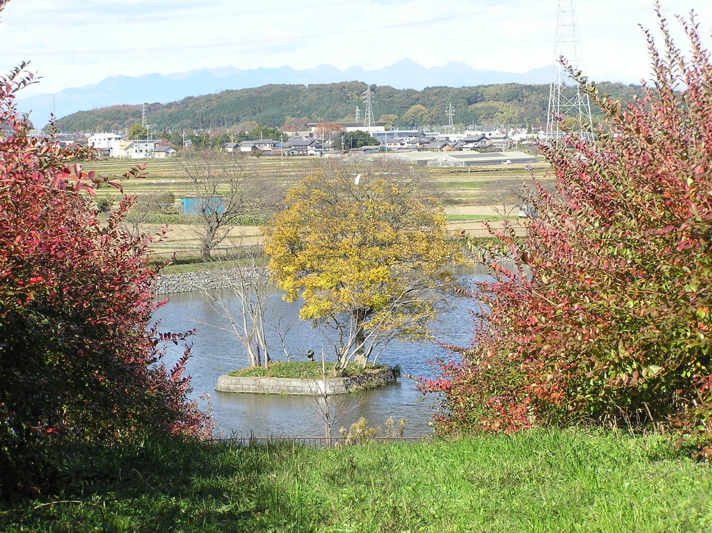 A river with a small island, surrounded by autumn-colored trees and a distant mountain range.