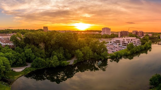 Aerial sunset panorama of Columbia Town Center in Maryland new Washington DC with office buildings and the Columbia Mall