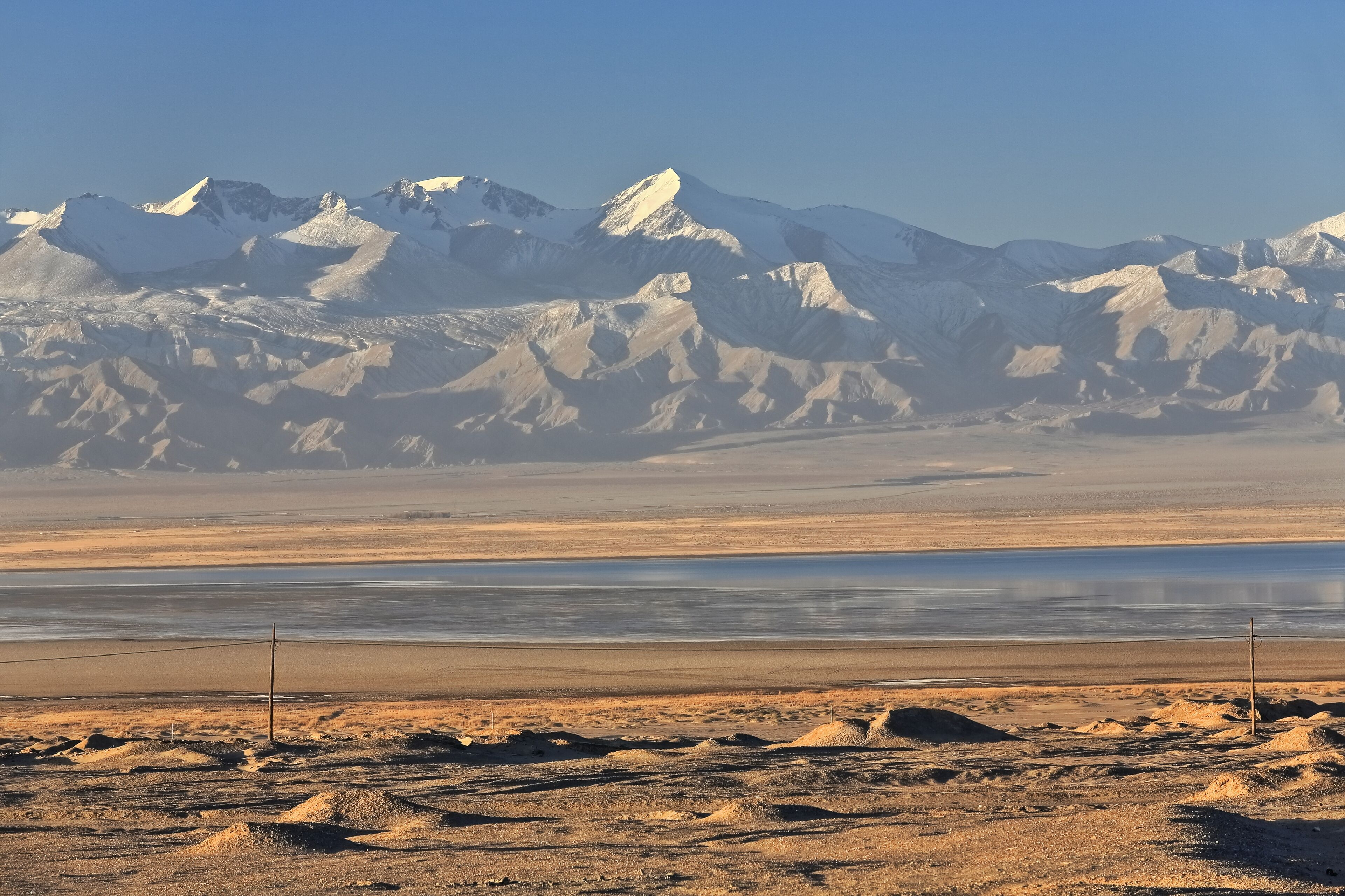 A desert landscape with snow-capped mountains in the background.