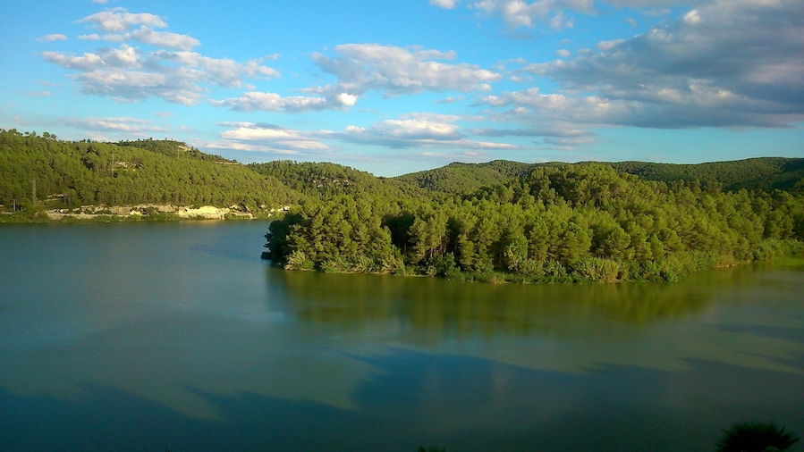 Un lago tranquilo rodeado de bosques densos y colinas ondulantes.