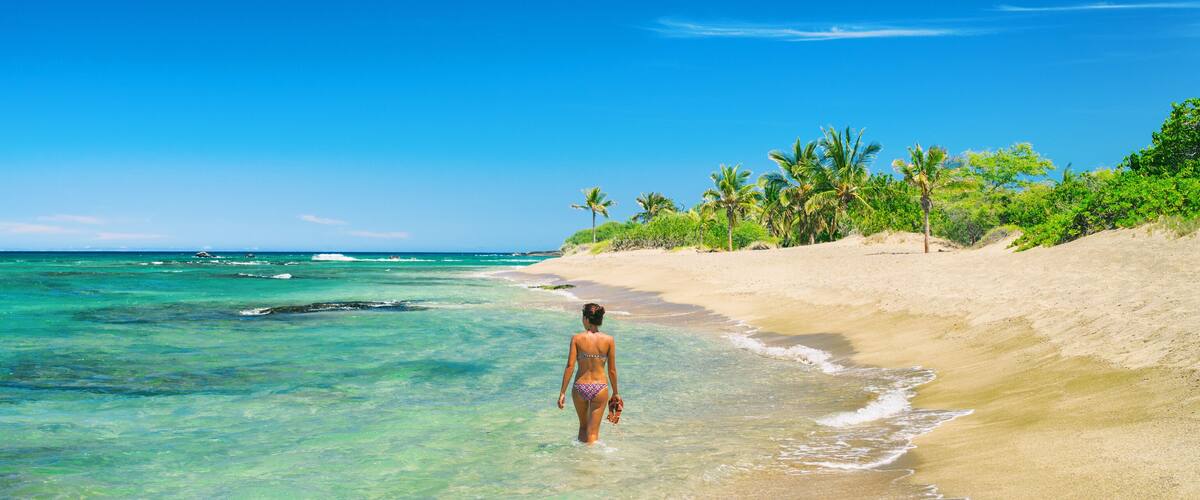 A beach with clear turquoise water, sandy shore, and palm trees.