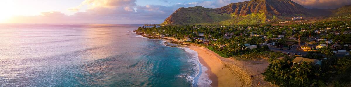 Aerial panorama of the West coast of Oahu, area of Papaoneone beach. Hawaii, USA