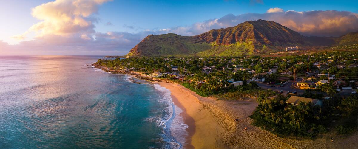 Aerial panorama of the West coast of Oahu, area of Papaoneone beach. Hawaii, USA