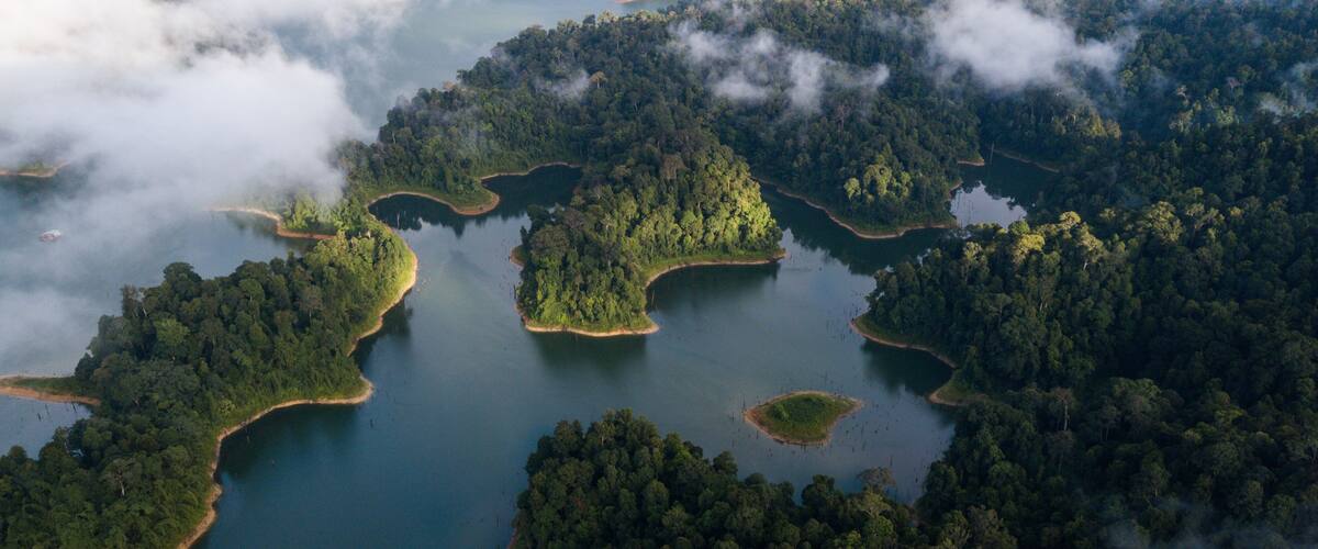 A beautiful landscape of aerial view at Royal Belum Malaysia with the fog surrounding the hill area