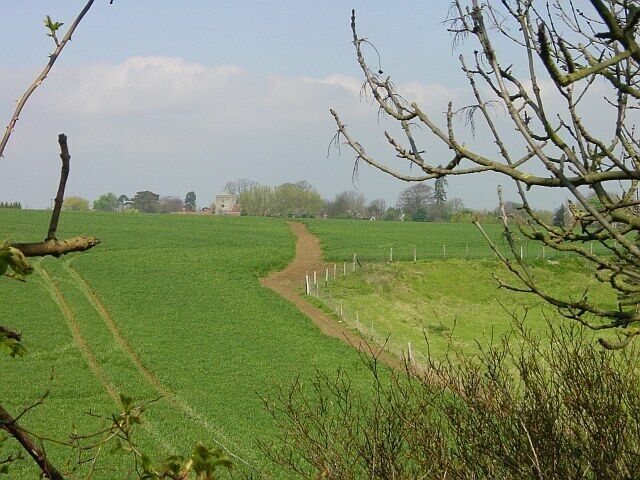 Footpath from Hearts Delight to Borden church. Public footpaths in this area are well defined even where they cross a growing crop.