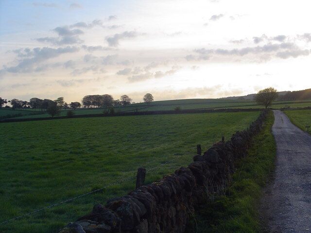 Un paysage rural avec un mur de pierres, un chemin de terre et des champs ouverts.