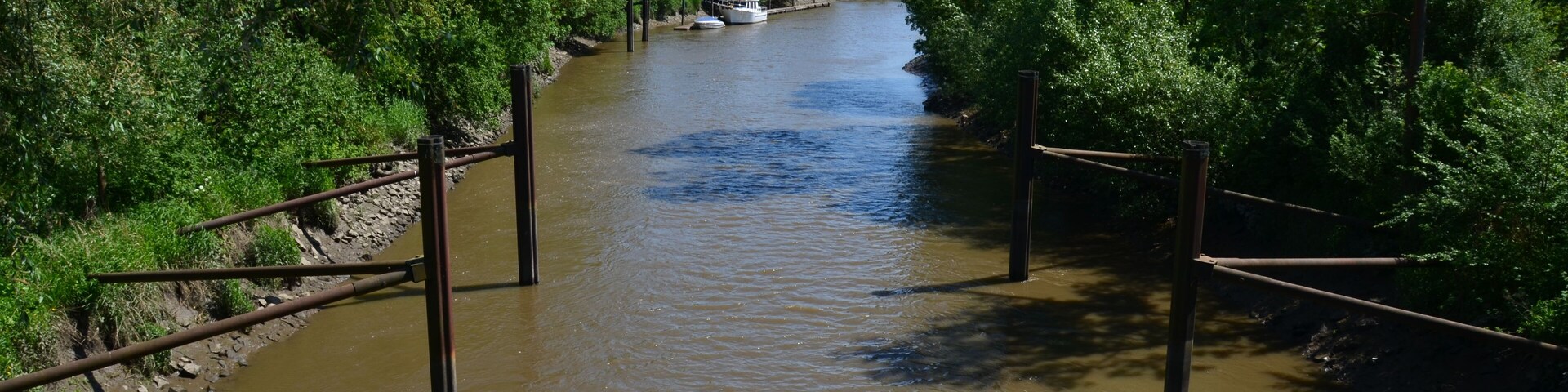 A river with a boat, surrounded by dense greenery and wooden walkways.