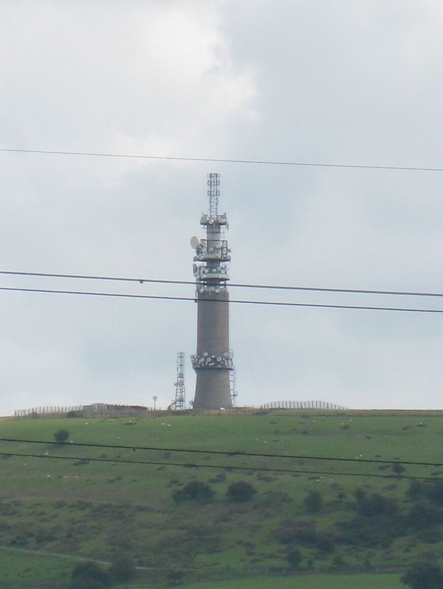 Viewed from Bosley Top Lock, this microwave tower was originally conceived as part of the 1950s 'Backbone' chain designed to provide the UK and NATO with survivable comms during nuclear war