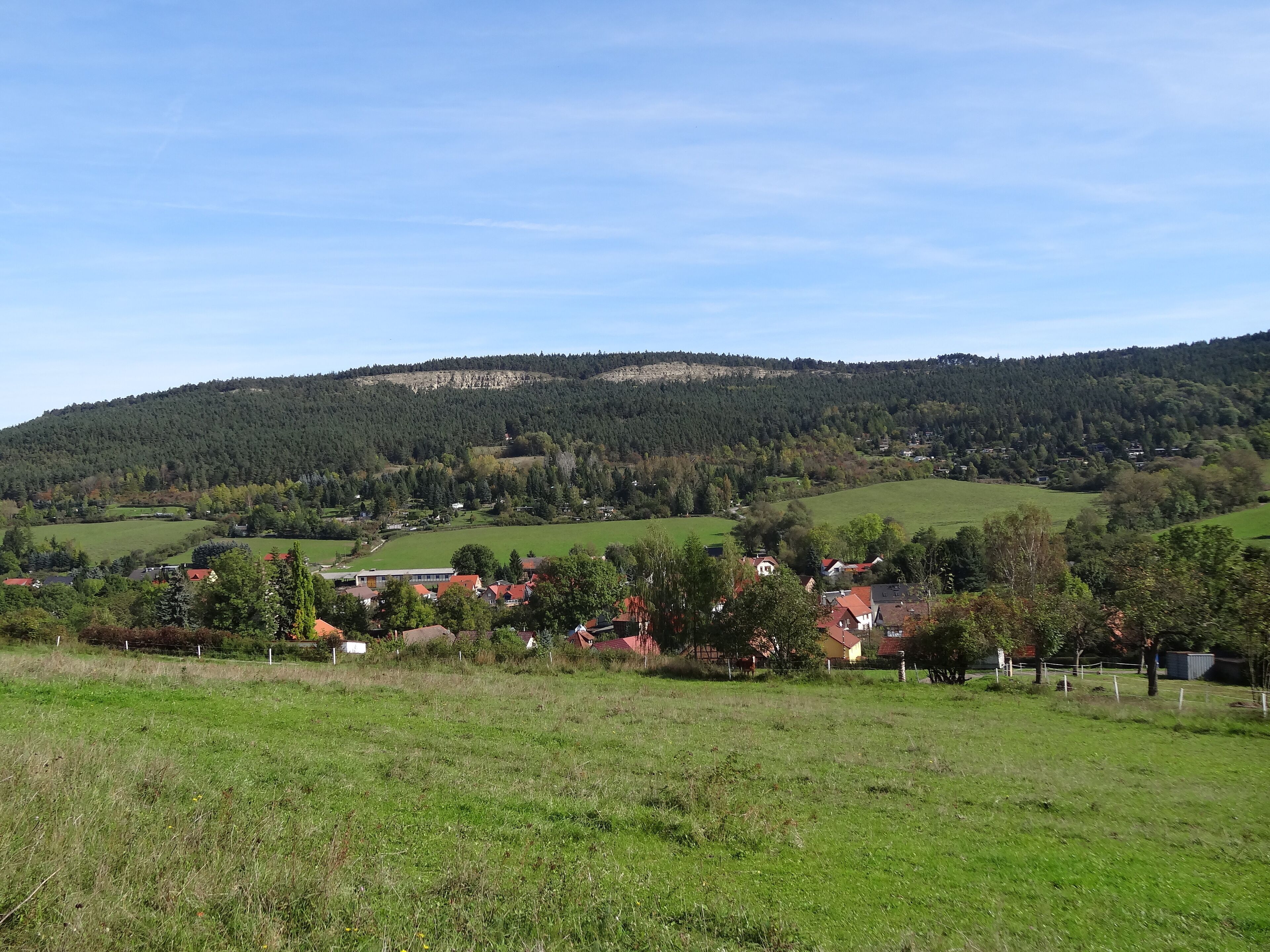 A rural landscape with rolling hills, a village with red-roofed houses, and a dense forested mountain in the background.
