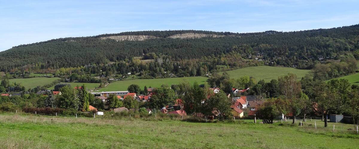 A rural landscape with rolling hills, a village with red-roofed houses, and a dense forested mountain in the background.