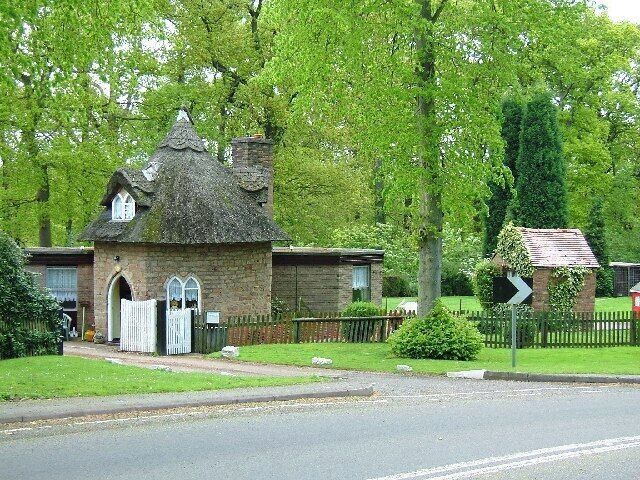 A quaint thatched-roof cottage with a white picket fence, surrounded by lush greenery and trees.