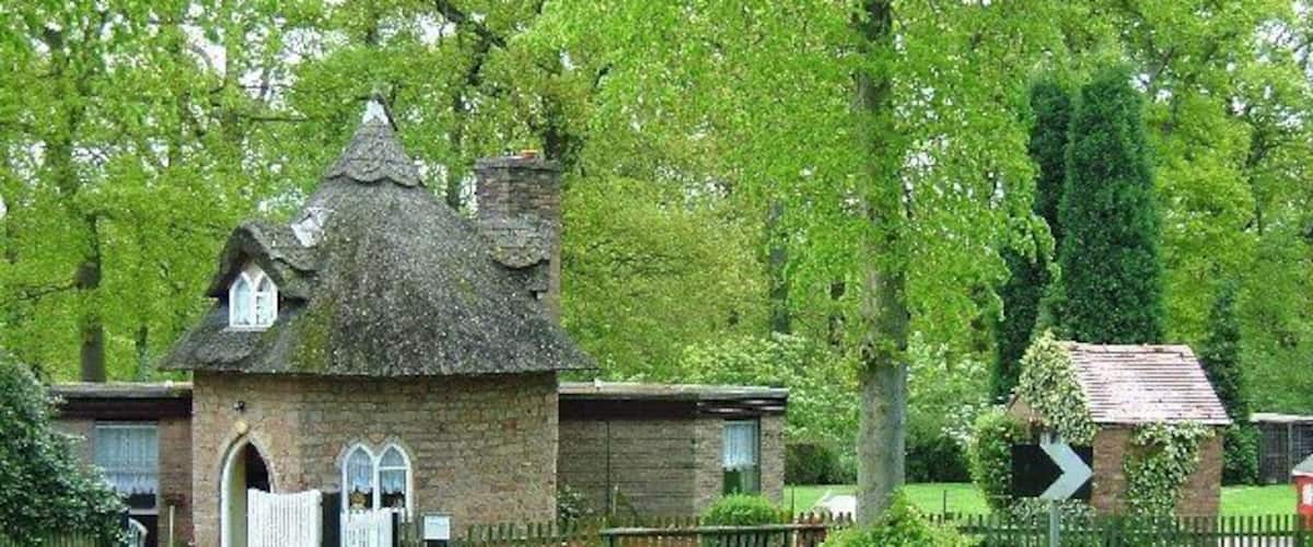 A quaint thatched-roof cottage with a white picket fence, surrounded by lush greenery and trees.