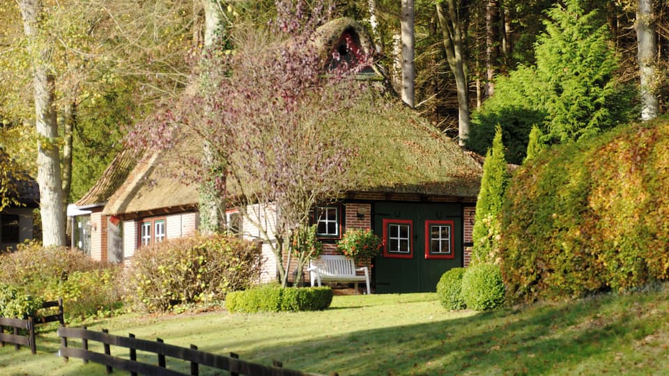 A thatched-roof cottage with red-framed windows, surrounded by lush greenery and a wooden fence.