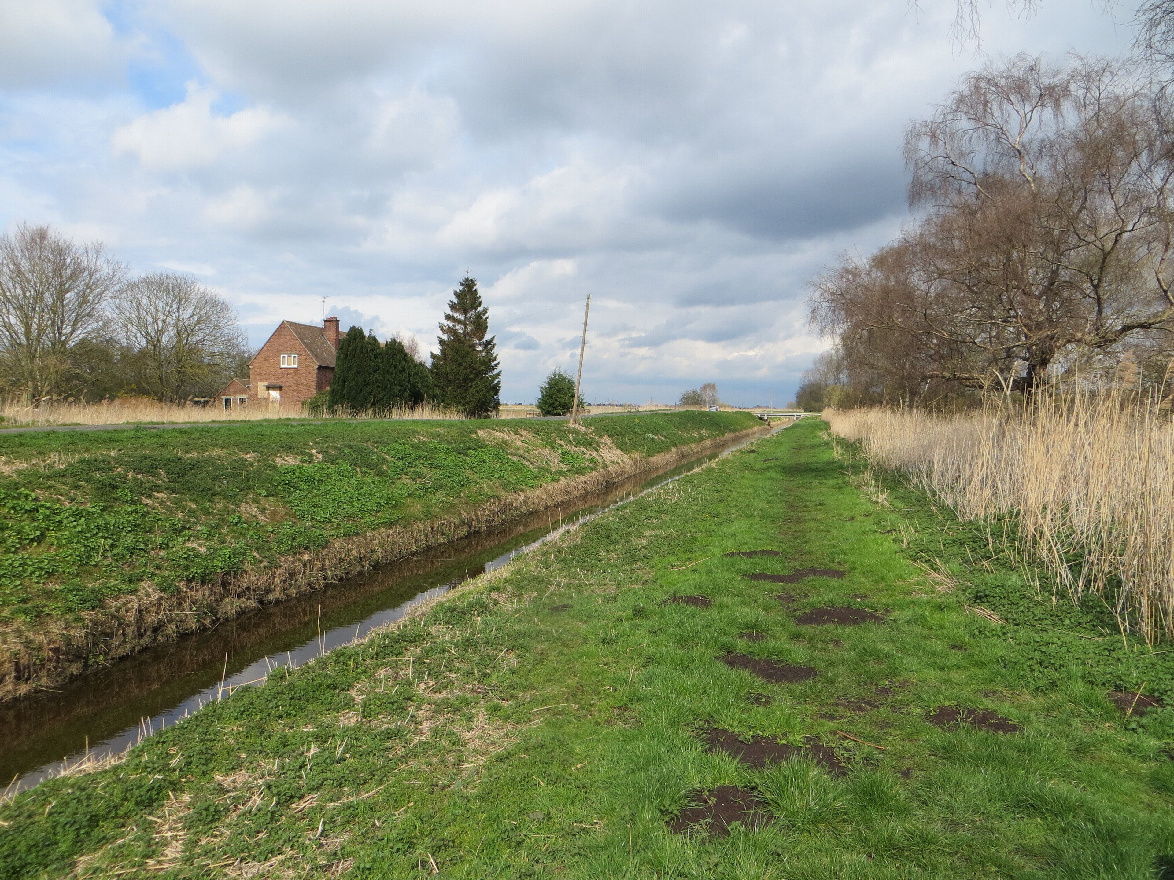A narrow canal with a grassy bank, a brick house, and trees in a rural landscape.